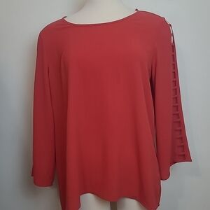 Spense Red Lightweight Long Cut Out Sleeve Top Size XL High Low Hem